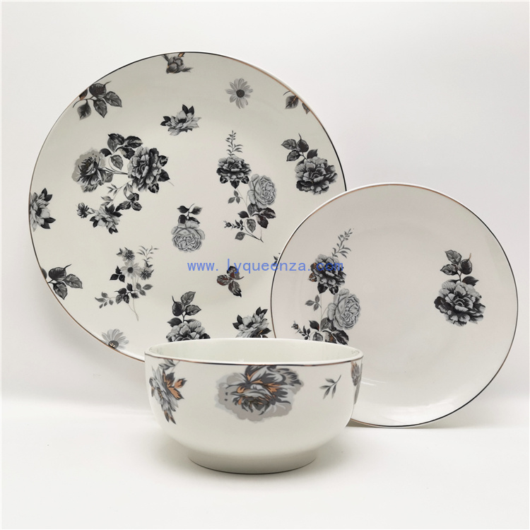 Wholesale Grey & Gold Flower Design 12pcs Dinner Set for 4 Persons from Queenza