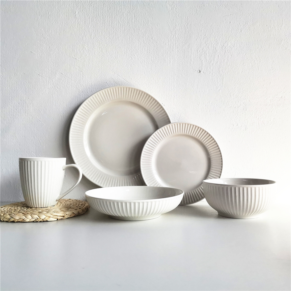 ceramic tableware manufacturer stripe embossed desgin porcelain dinner set