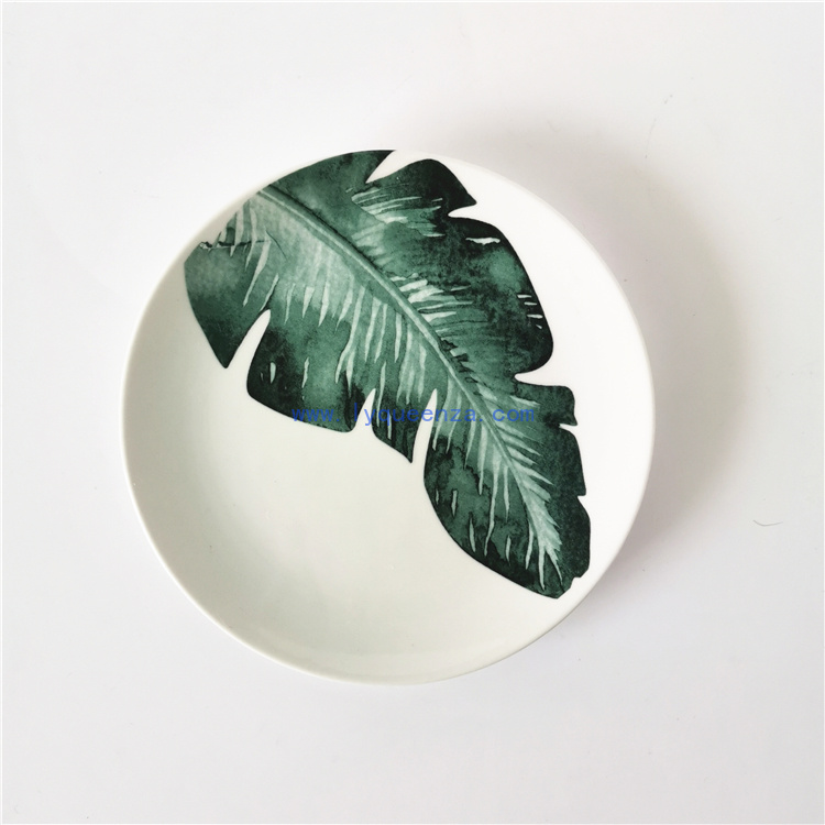 Wholesale 6.5inch Round Coupe Dessert Side Salad Plate with Green Banana Leaves Pattern