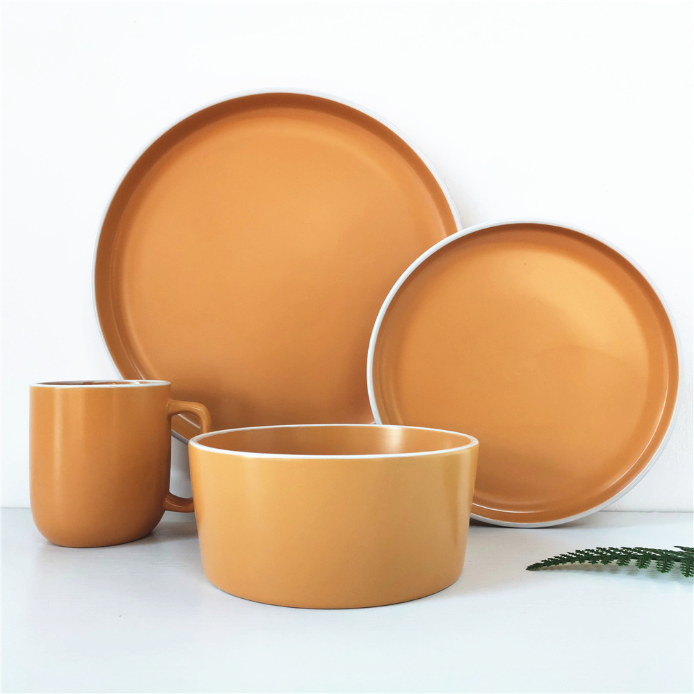 custom stoneware dinnerware set with orange color glaze