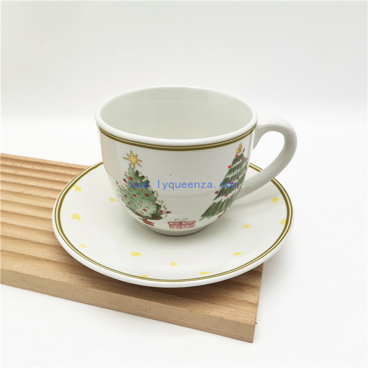 French Style Chritmas Tree Design 340ml Coffee Cup and 6.5inch Saucer