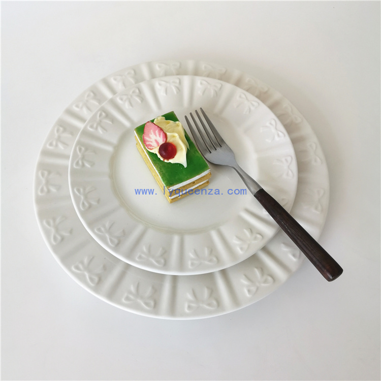 wholesale  8inch Pure White Fine Porcelain Dessert Plate with Embossed Bow Pattern