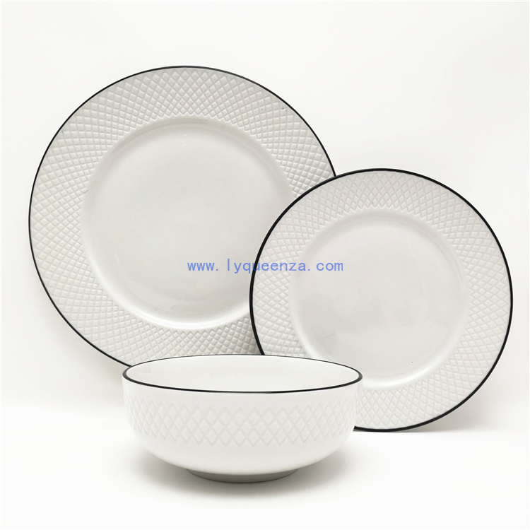 Wholesale 12pcs Diamond - Textured White Ceramic Tableware Set with Black Rims