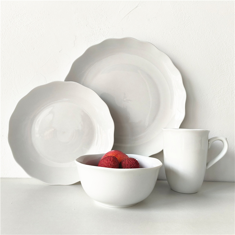 cut edge white porcelain dinnerware set with plate bowl