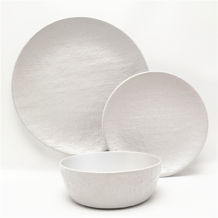 12pcs White Color Linen Relief Stoneware Ceramic Dinnerware for 4 Persons