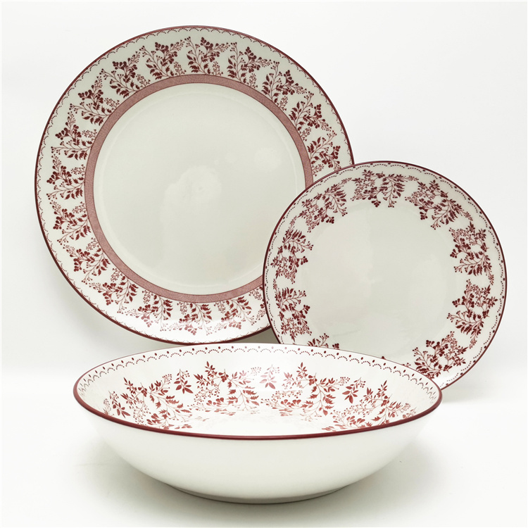 Red Floral Pattern Pad printed 18pcs porcelain dinner set for  6 persons