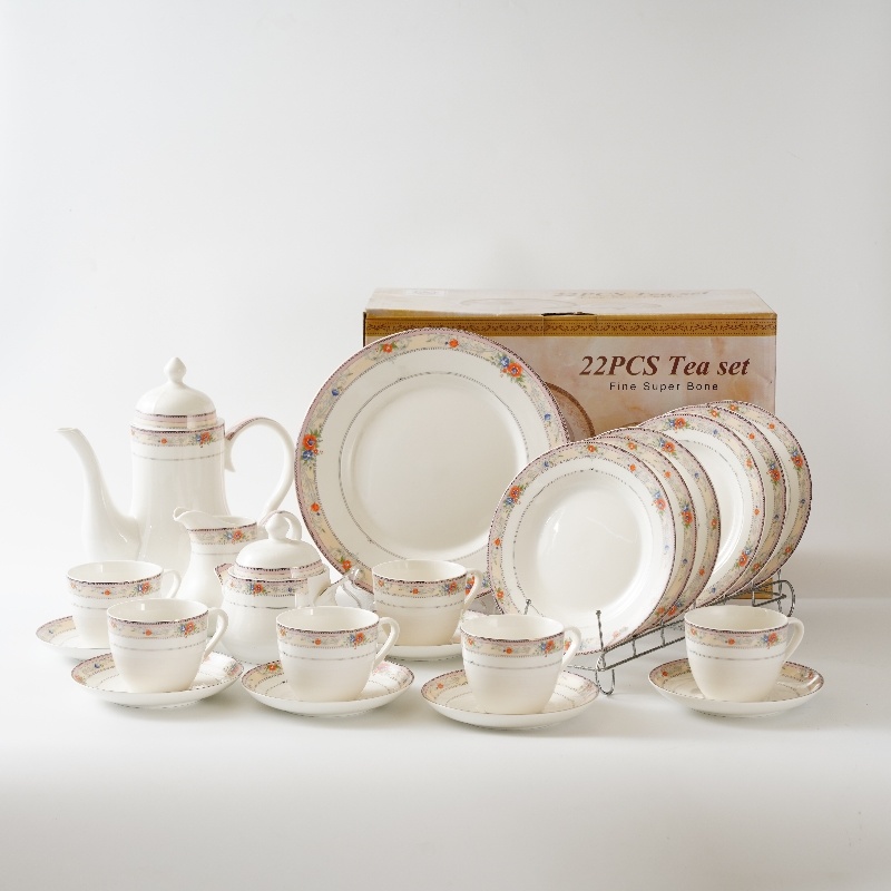 wholesale ceramic crockery 22pcs bone china tea set with color box packing