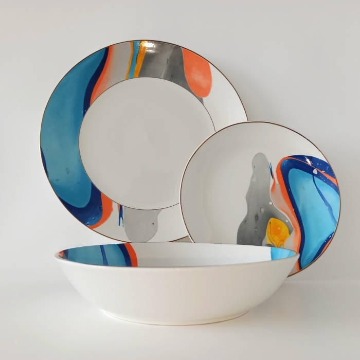Nordic Luxury Porcelain Tableware Set Round Shape Blue and Orange Artistic Dinnerware Sets