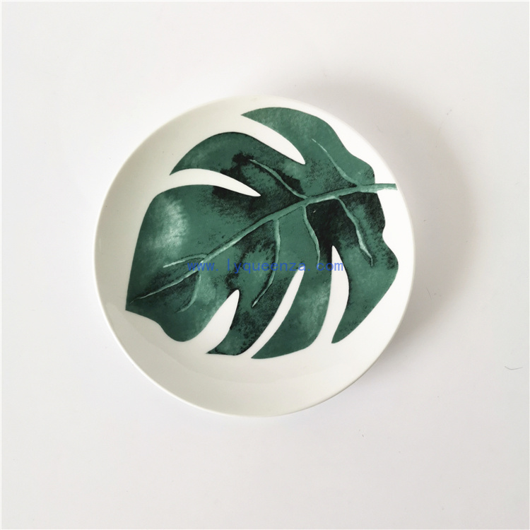 Wholesale 6.5inch Round Coupe Dessert Side Salad Plate with Green Monstera Leaves Pattern