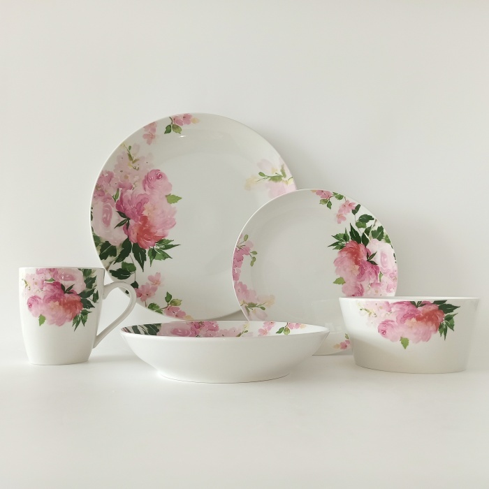 Ceramic Kitchenware Wholesale Pink Flower Crockery Ceramic Dinnerware Sets