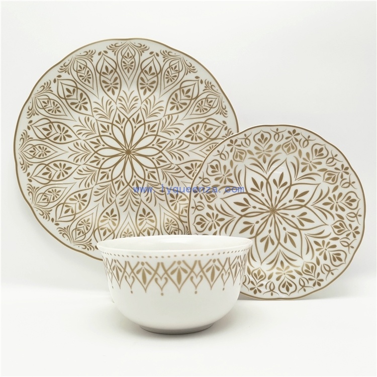 Wholesale Geometric Mica Gold Pattern 12 Pieces Ceramic Dinnerware Set for 4 Persons