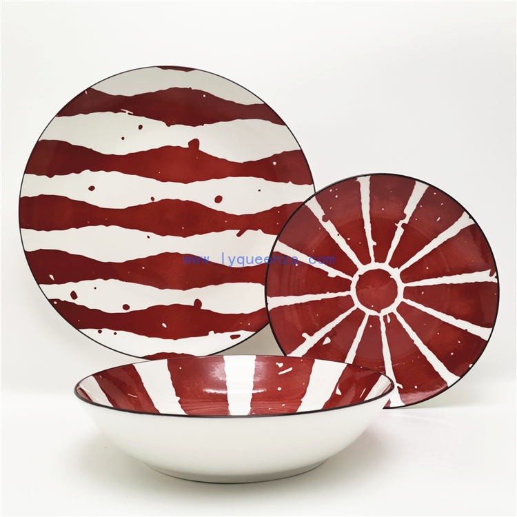 12/18 - Piece Pad - Printed Porcelain Dinner Set: Bold Red - White Patterns