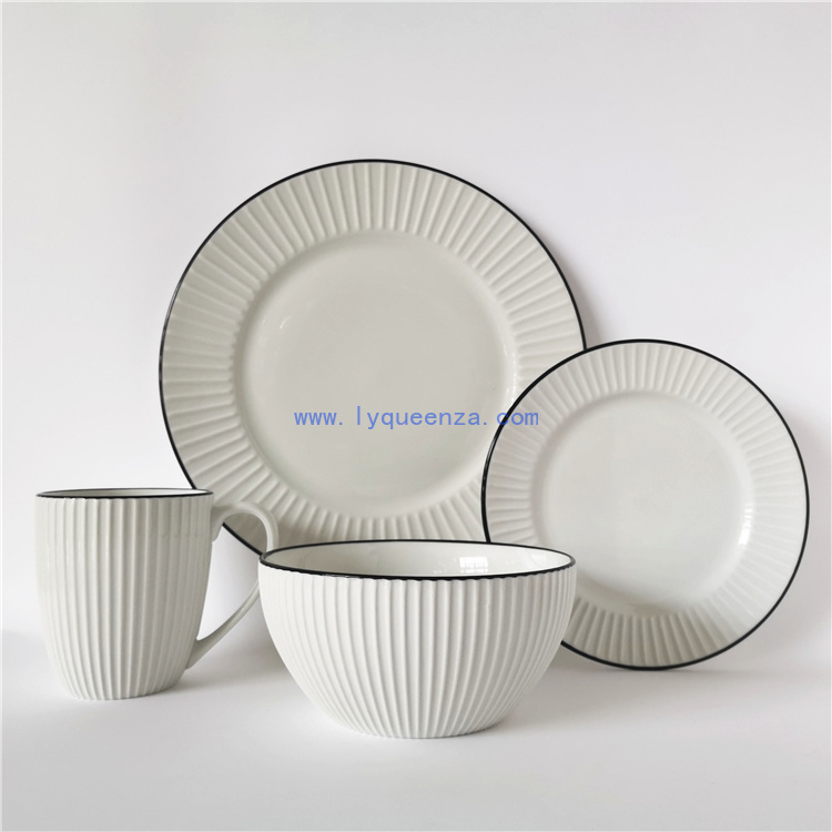 Wholesale16pcs Modern Ribbed Tableware Set: White Porcelain with Black Accents