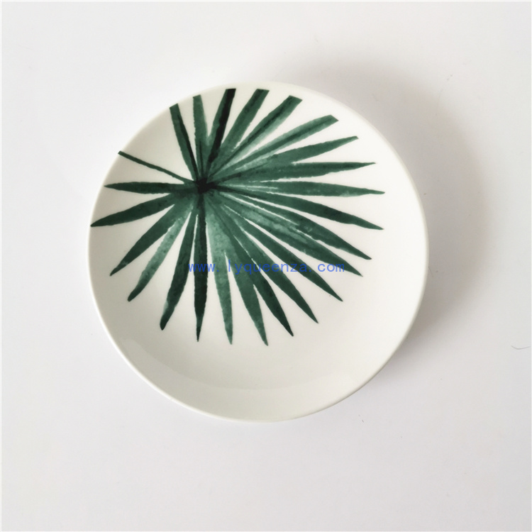 Wholesale 6.5inch Round Coupe Dessert Side Salad Plate with Green Palm Leaves Pattern