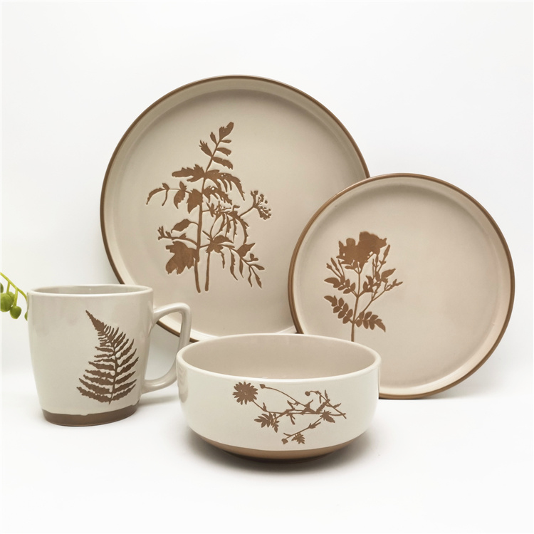 Insulated rustic style leaves design stoneware material dinnerware