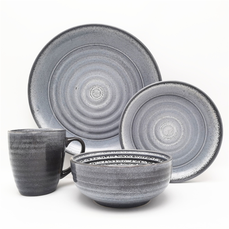 Classic Grey Color Reactive Glazed Embossed Stoneware Dinnerware 16pcs for 4 Persons