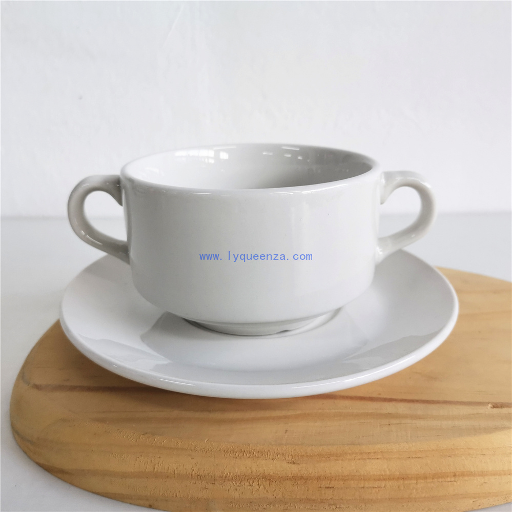 Wolesale Elegant 2 - Handle White Porcelain Soup Bowls on Saucers – Ideal for Home & Restaurants