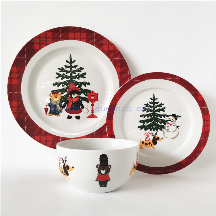 Christmas Grid Design 12 Pieces Porcelain Dinner Set for 4 Persons from Queenza