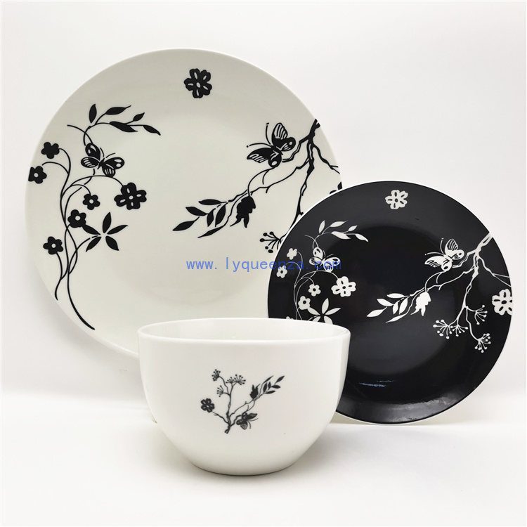 Wholesale Black Flower Design 12pcs Dinnerwar Set for 4 Persons from Queenza