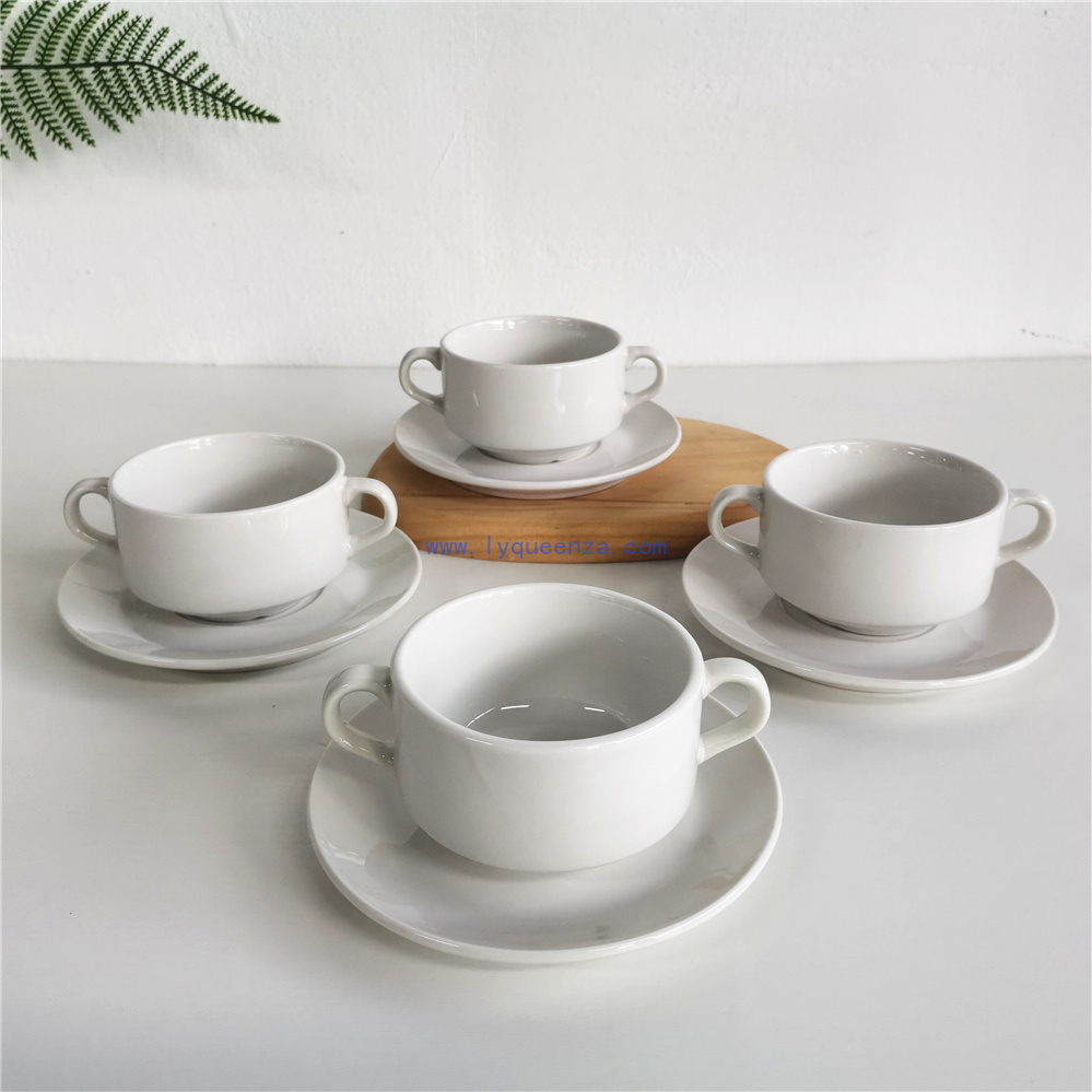 Wolesale White Ceramic Soup Bowl Set with Saucers - 280ml Capacity, Microwave & Dishwasher Safe