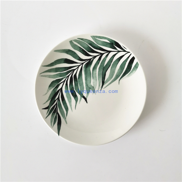 Wholesale 6.5inch Round Coupe Dessert Side Salad Plate with Green Fern Leaves Pattern