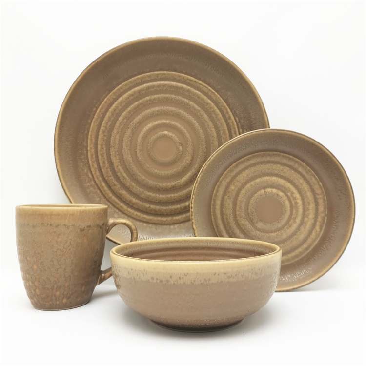 Classic Brown Color Reactive Glazed Embossed Stoneware Dinnerware 16pcs for 4 Persons