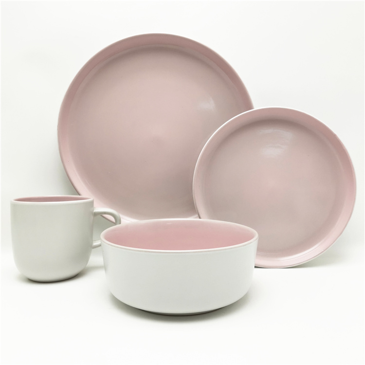 2-tone Color Glazed  Pink & White Stoneware Dinnerware Set