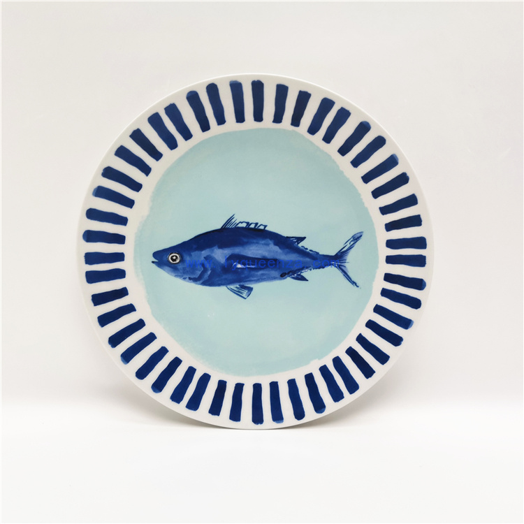 Wholesale 8inch Round Coupe Dessert Side Salad Plate with Blue Fish Design