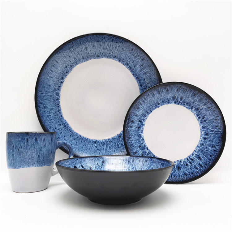 Classic Blue and White Color Reactive Glazed Stoneware Dinnerware