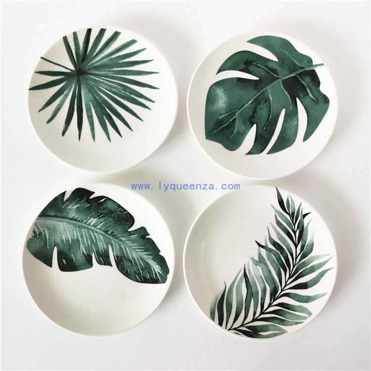 Wholesale 6.5inch Round Coupe Dessert Side Salad Plate with Green Leaves Pattern