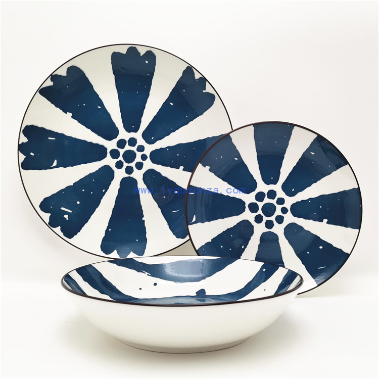 12/18 - Piece Pad - Printing Porcelain Dinnerware Set: Navy - White Artistic Patterns