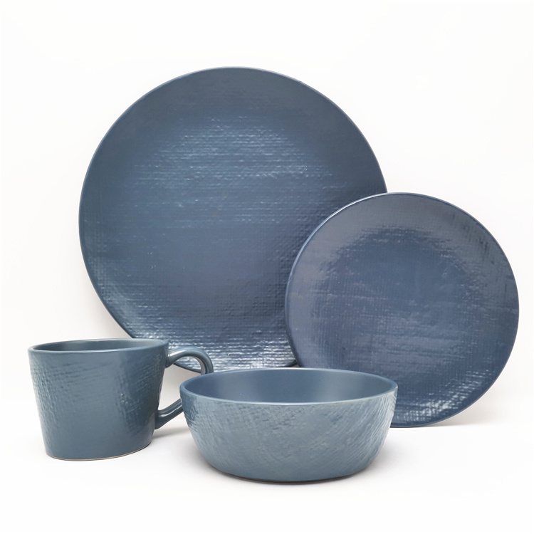 Blue Color Linen Relief Stoneware Ceramic Dinnerware
