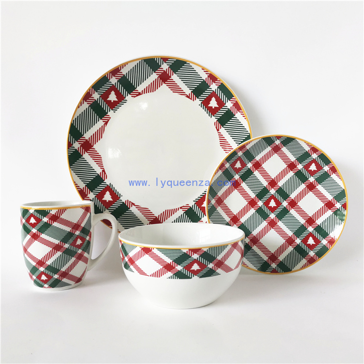 Christmas Grid Design 16 Pieces Porcelain Dinner Set for 4 Persons from Queenza