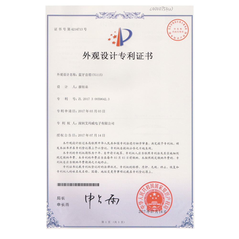 TG115 Patent Certificate