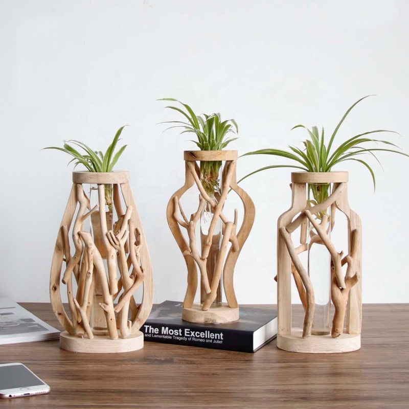 decorative natural wood stand plant table glass test tube flower hydroponic vase for home decor 