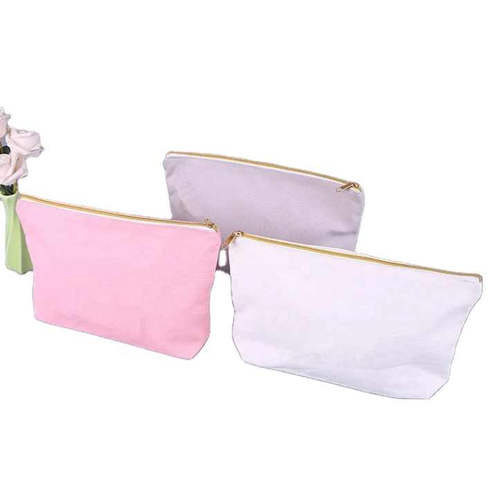 Wholesale Plain White Jute Women's Makeup Travel toiletry Cosmetic gold Zipper Bag Custom Logo Clear cotton canvas cosmetic bag