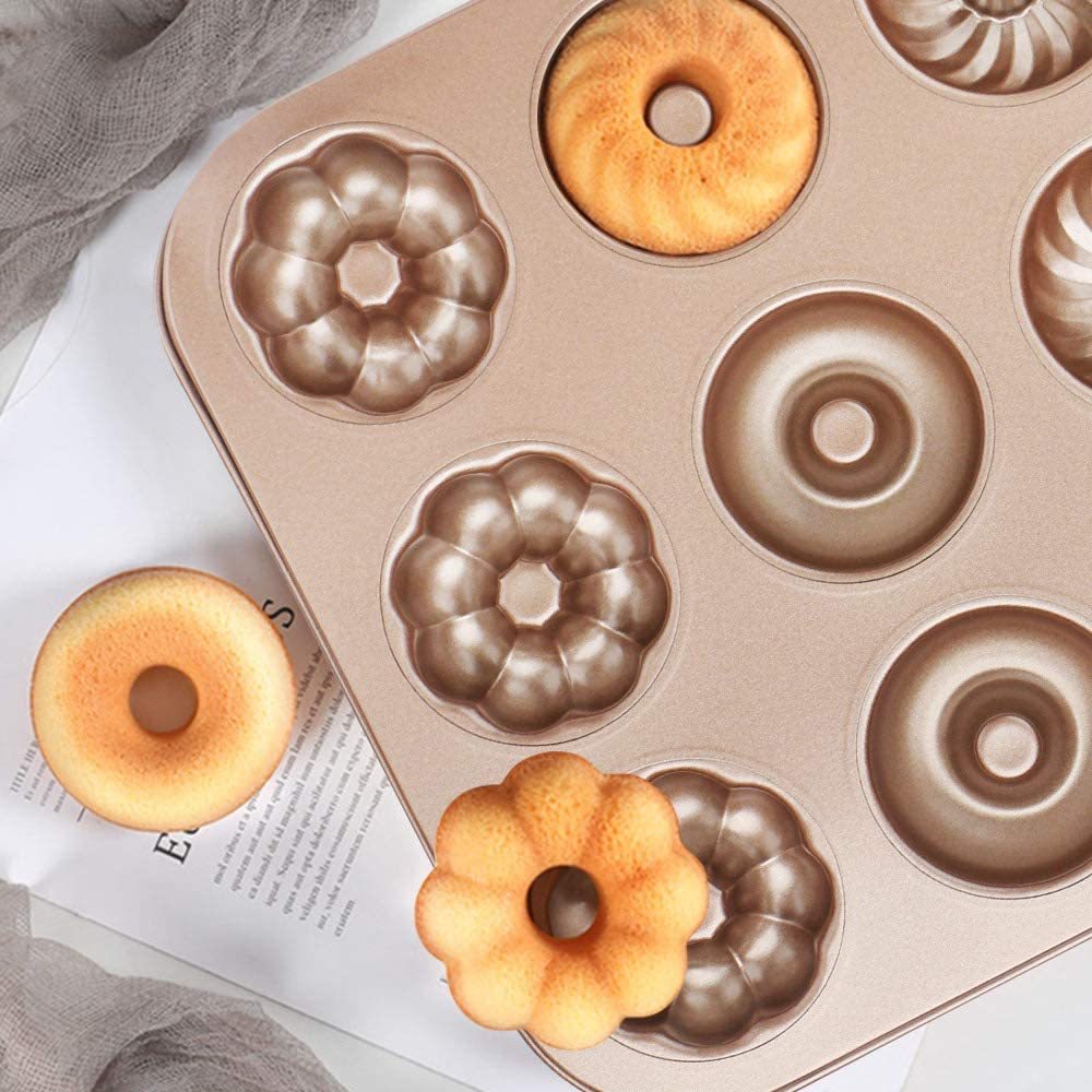 WIDENY Customize kitchen Carbon Steel Nonstick Gold Color Cake Donut Baking Pans for 12 Donuts Cupcake Making Tools 
