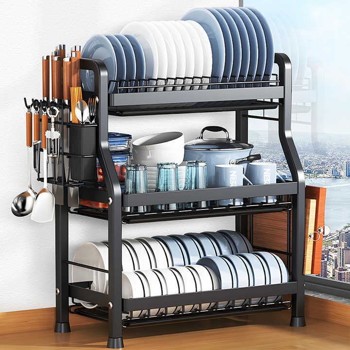 Black Three Layer Dish Drying Rack Under Sink Organizer Kitchen Storage Rack With Utensil Holder