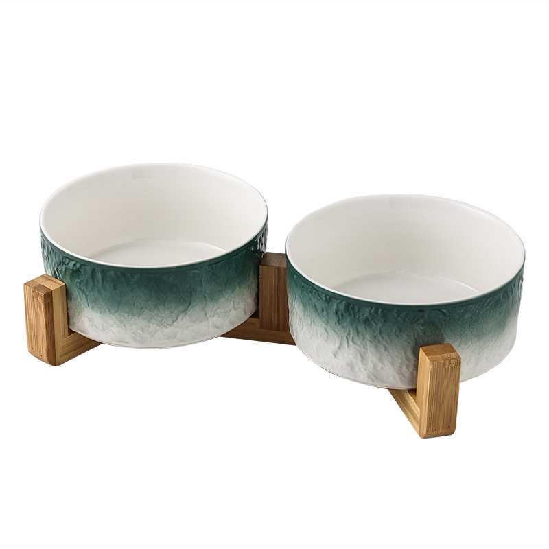 Unique Ceramic Cat Bowls With Wooden Stand, YSL240409-11