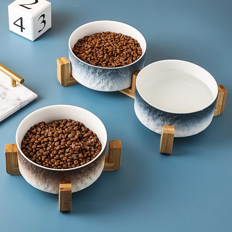 Unique Ceramic Cat Bowls With Wooden Stand, YSL240409-11