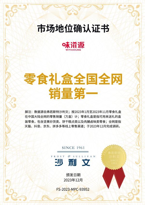 市場地位確認證書(零食禮盒全國全網 銷量第一) 市場地位確認證書(零食禮盒全國全網 銷量第一)