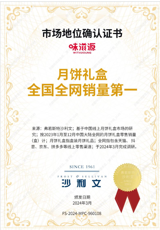 市場地位確認證書(月餅禮盒全國全網 銷量第一) 市場地位確認證書(月餅禮盒全國全網 銷量第一)