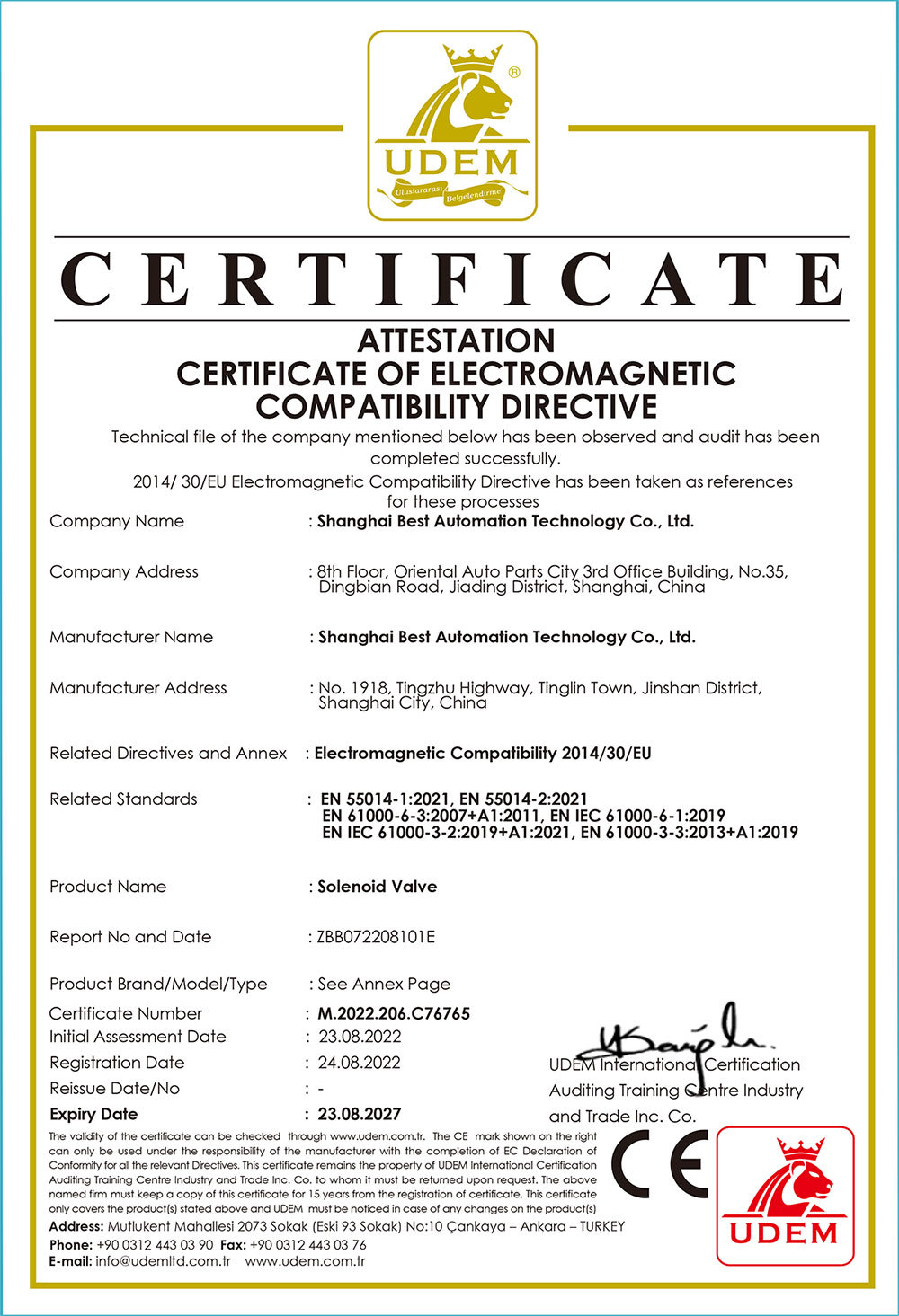 CE-ROHS certificate for solenoid valves