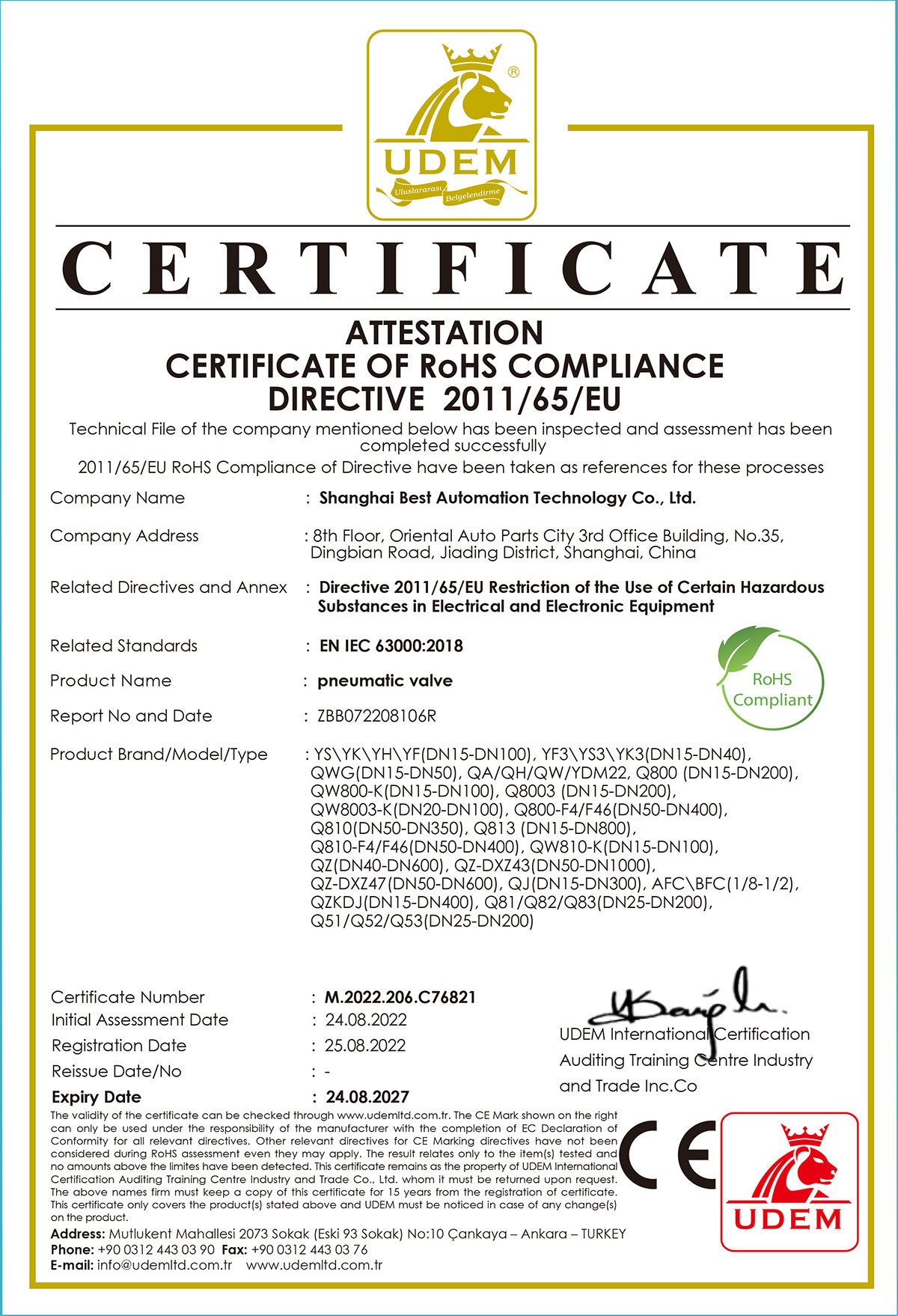 CE-ROHS certificate for pneumatic valves