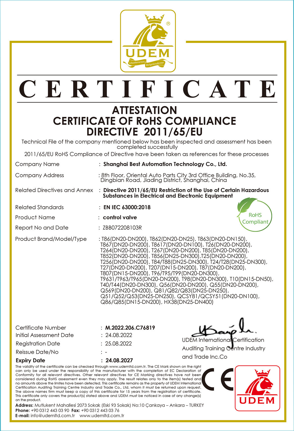 CE-ROHS certificate for control valves
