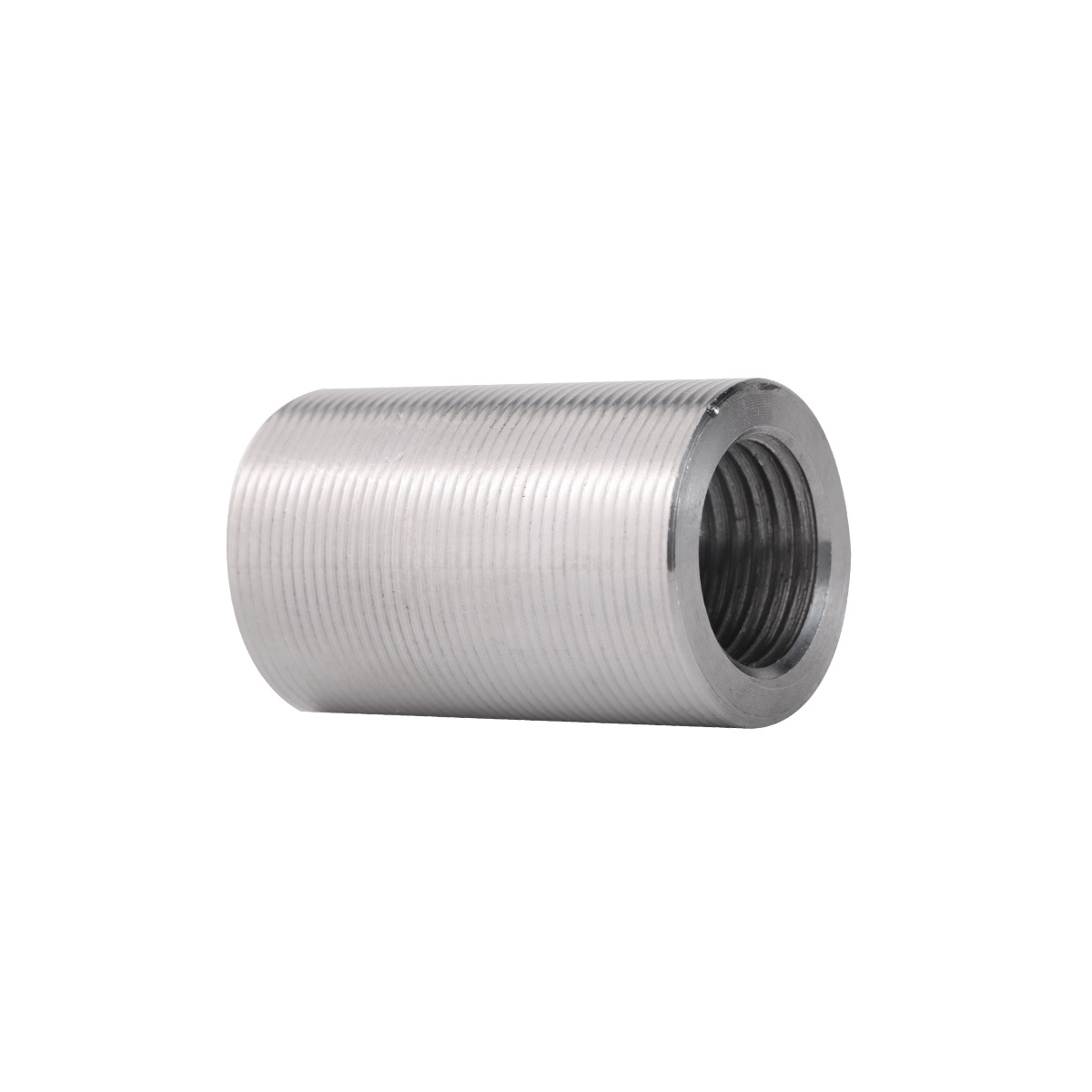 Parallel threaded coupler for splicing rebars with threads roll on to rebar end