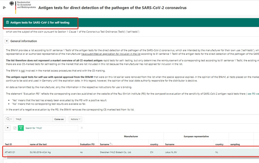 YHLO COVID-19 Rapid Ag Test Kits(self-test) Approved by BfArM