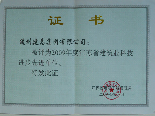 2009年度江蘇省建筑業(yè)科技進(jìn)步企業(yè)