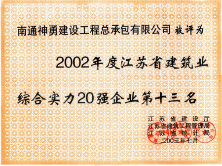 2002年度江蘇省建筑業(yè)綜合實力第13名