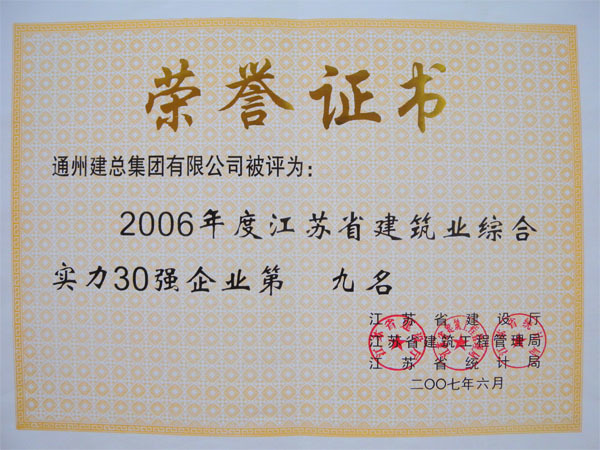 2006年度江蘇省建筑業(yè)綜合實(shí)力30強(qiáng)企業(yè)第九名